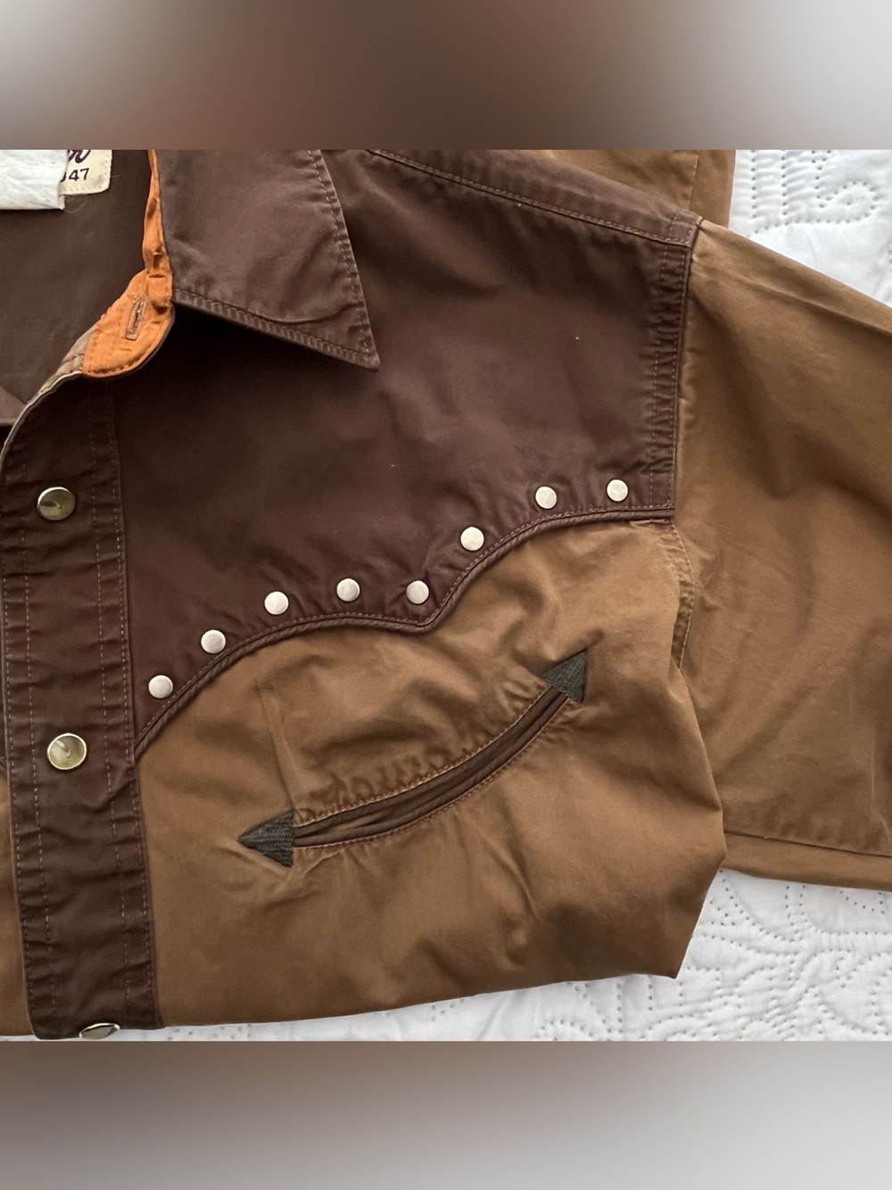Men's Vtg Wrangler TwoTone Brown Pearl Snap Studded Western Cowboy Ranch Shirt S - Picture 10 of 11